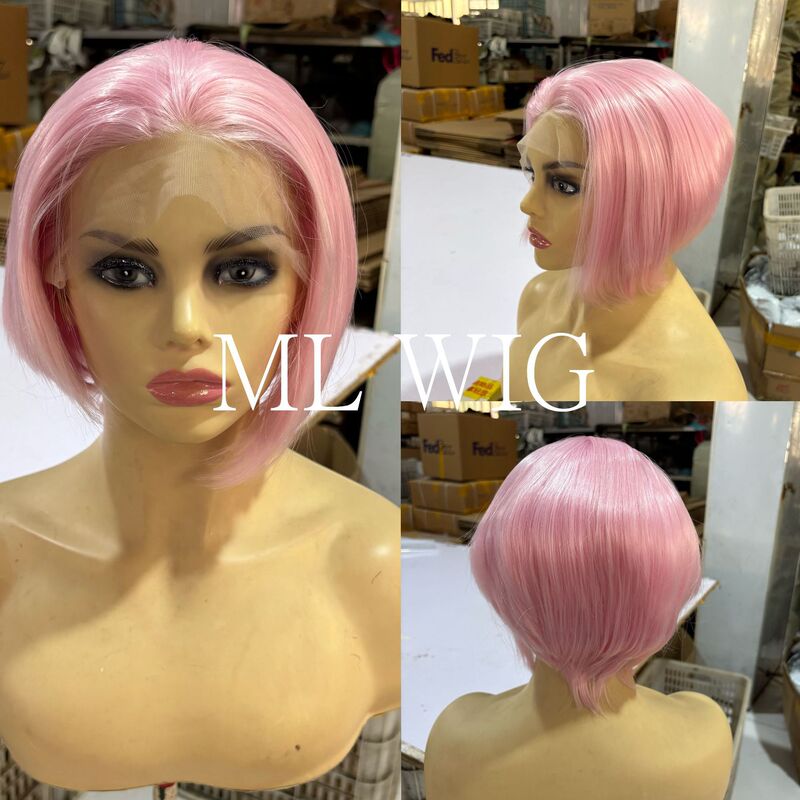 13*4 Front Lace Light Pink Glue-Free Freely Split Seam Heat-Resistant Short Wig Factory Export Headgear