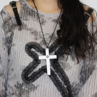 Cross Border Pearl Chain Wooden Woolen Chain Long Niche Accessories Hip Hop Men's Vintage Cross Pendant Necklace