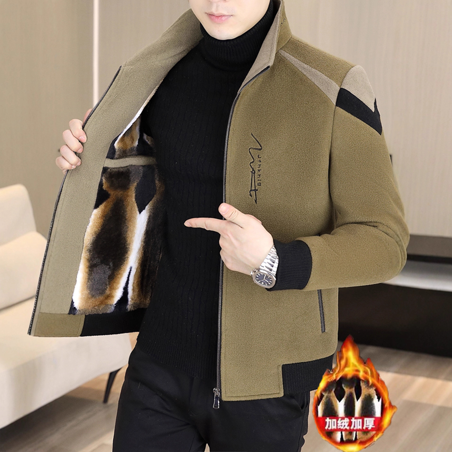 秋冬季毛呢外套男冬装短款金貂绒呢子大衣休闲加绒加厚立领夹克潮