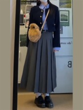 灰色百褶半身裙女大码胖mm秋季新款高腰遮胯A字伞裙中长款西装裙