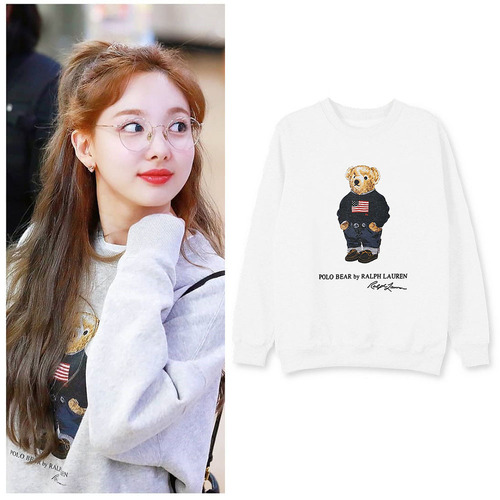 TWICE Nayeon Airport Edition Crew Neck Sweatshirt Matching Outfit Cute Teddy Bear Long Sleeve Top with Fleece Autumn/Winter Trend