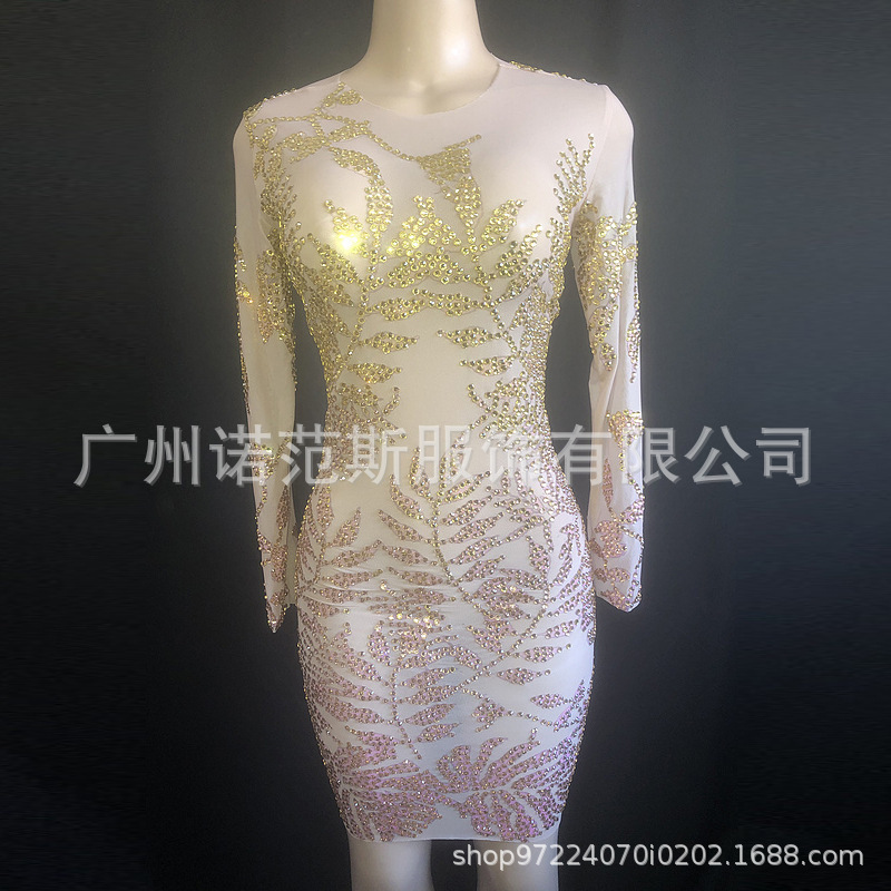Novance Luxury Diamond Gold Long Sleeve Mini Club Dress Sexy Ladies Birthday Party Skirt