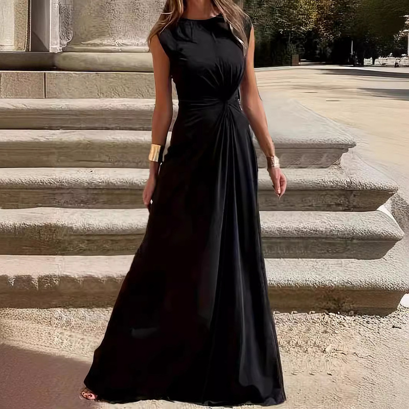 2024 Amazon Cross-border New Fashion Casual Elegant Commuter Waist Elegant Crewneck Dress