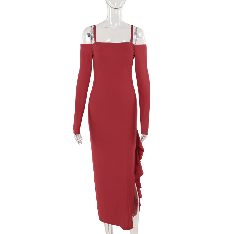 Elegant off the Shoulder Gown Split Dress Women Adult Lady like Woman Sexy Slim Hip Dress