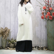 原创纯色水貂毛针织毛衣春秋冬女大码宽松中长款V领外套外贸实拍