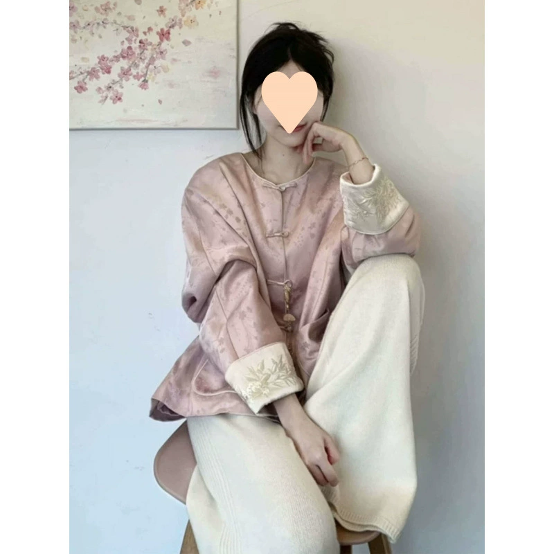 Новая китайская этническая рубашка на пуговицах для женщин, весна 2025, новый ретро китайский стиль, жаккардовый длинный рукав, свободный топ