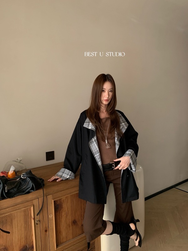【高品质订货】韩系简约百搭休闲正反两穿格子风衣外套(配飘带）|undefined