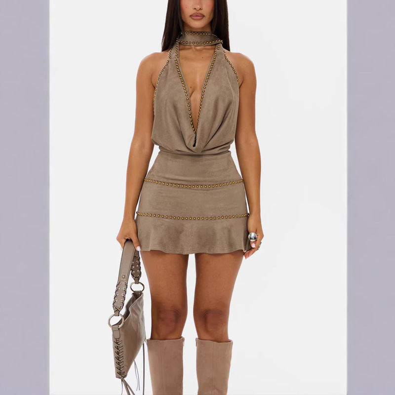 Amazon Foreign Trade Fashion Halterneck Women's Skirt High-End Backless Sequin Skirt Trendy Versatile Sleeveless Dress