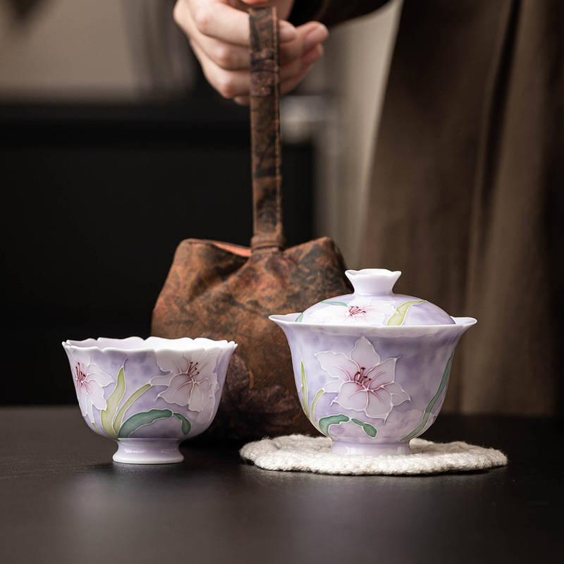 手绘堆雕紫百合旅行茶具一人饮户外泡茶套装陶瓷盖碗便携式快客杯|undefined