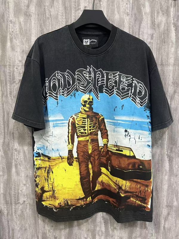 クロスボーダー 25ss アメリカのトレンディなブランド Godsed ロックバンドバスケットボール高品質ウォッシュブラック半袖 T シャツ男性と女性用|undefined