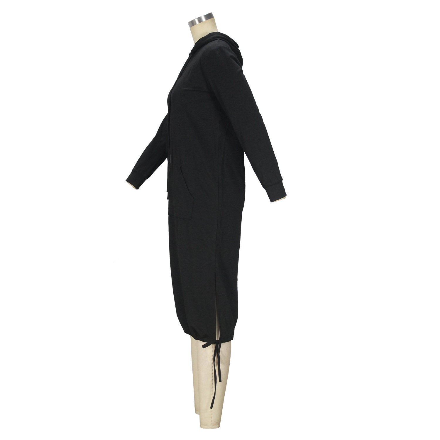 Autumn Winter Long Lace up Hem Dress Hooded Sweater Midi Dress for Women