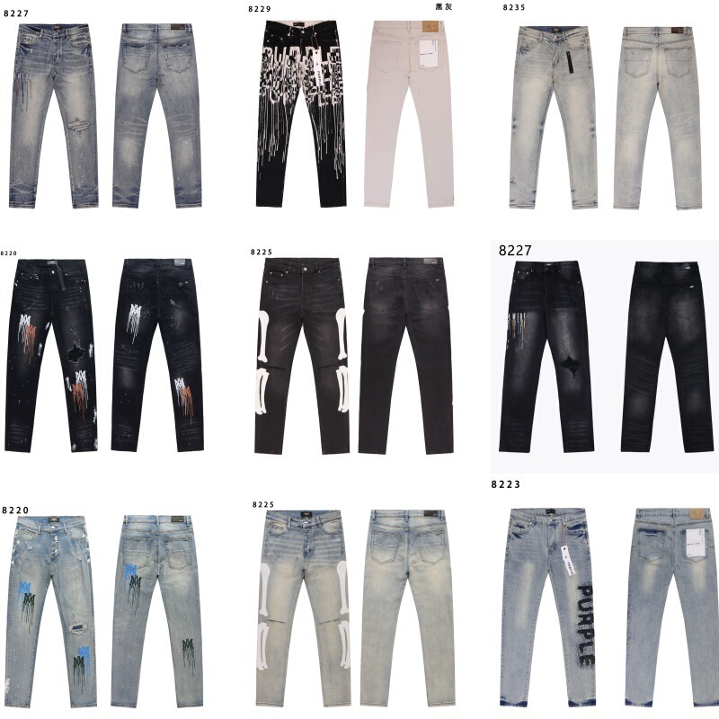 Cross-Border Hot-Selling Amiri New Bone Embroidery Purple Men's Denim Retro Washed Street Skinny Pants Trendy
