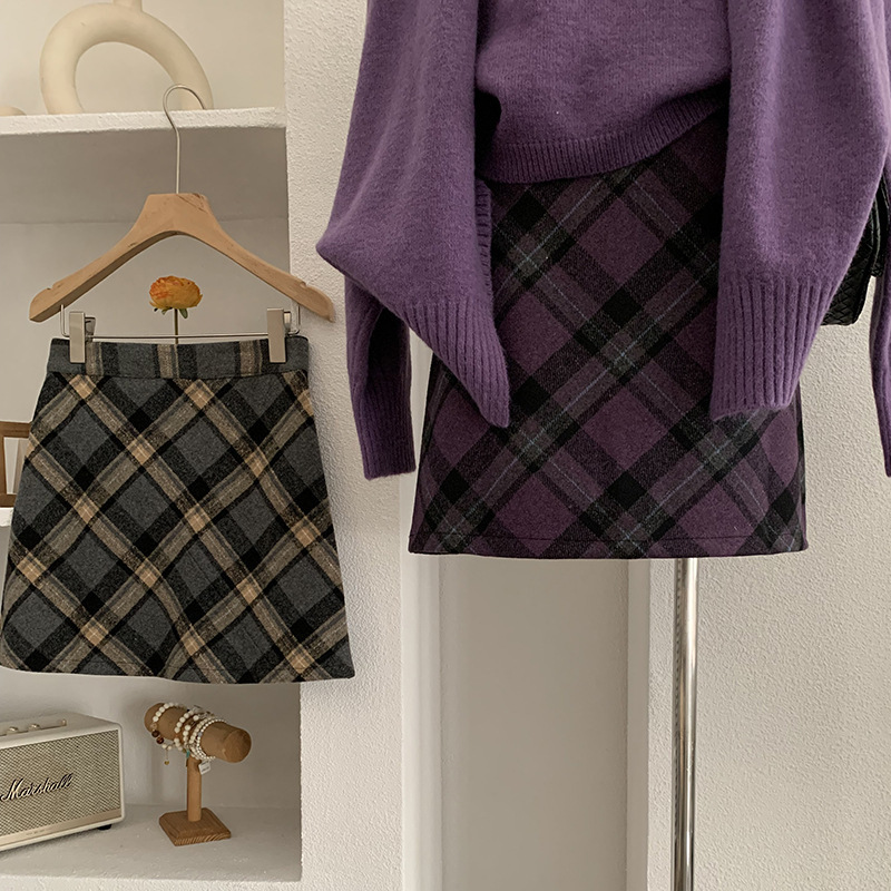 欧玛莱 韩系毛呢格子半身裙女秋季高腰小个子A字短裙防走光潮5043