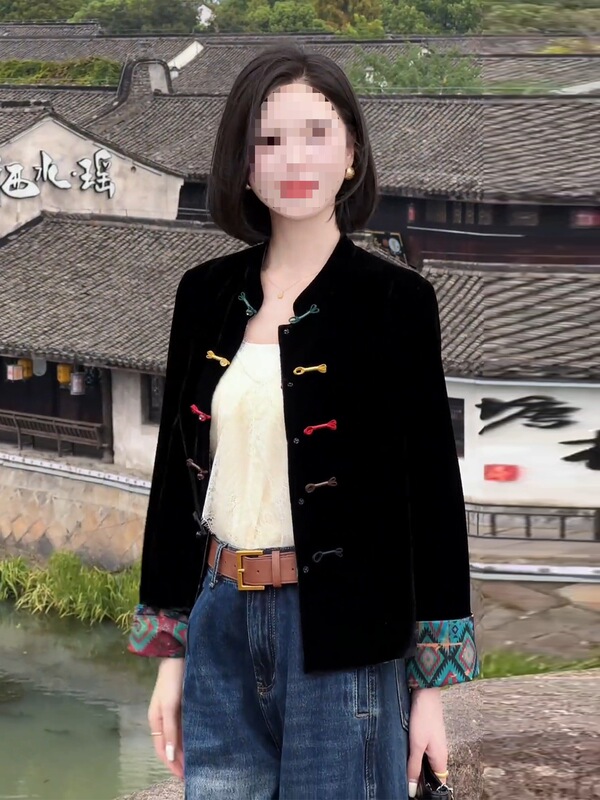 新中式双面穿丝绒提花短外套女早秋新款洋气显瘦国风盘扣立领上衣|undefined