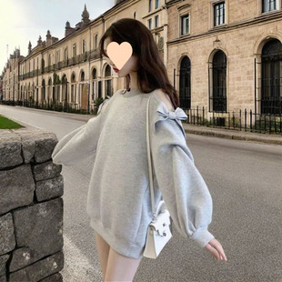 Bow Long-Sleeved Shoulder Sweatshirt Women's Spring and Autumn Thin Large Size Hooded Hot Girl Top
