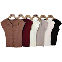 2025年夏季新款韩系简约百搭翻V领纽扣小飞袖修身显瘦针织上衣女