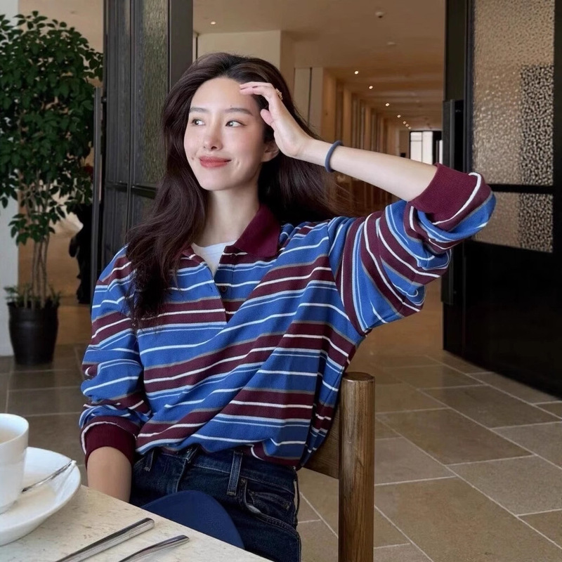 25 New Women's Korean-Style Niche Autumn Polo Collar Striped Color-Block Long-Sleeve Regular Shoulder Top Versatile Turn-Down Collar T-Shirt