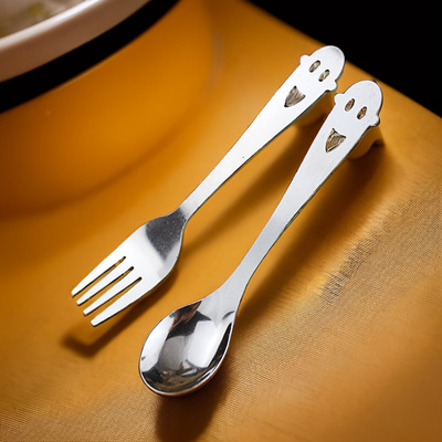 不锈钢可爱卡通笑脸刀叉小勺 小朋友餐具月饼果叉冰淇淋甜品勺ins