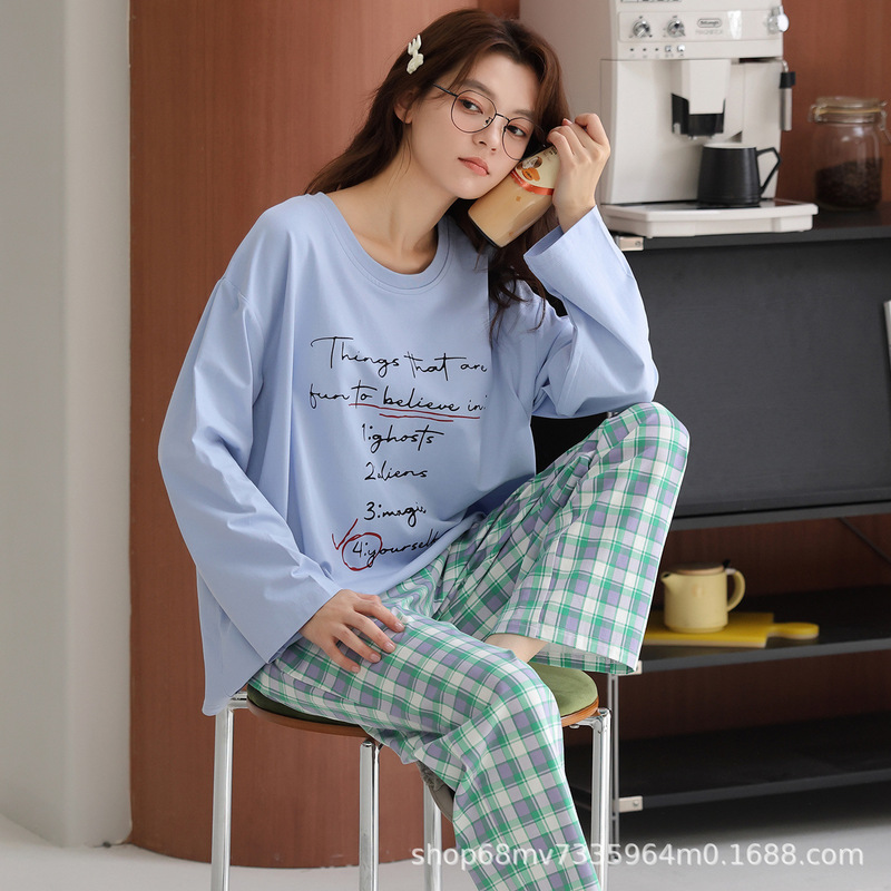 淳佰芬带胸垫一体睡衣女春秋季长袖纯棉家居服秋款套头圆领可外穿|undefined