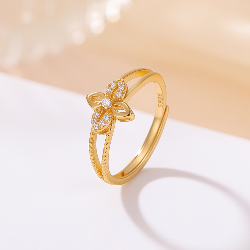 Nhẫn nữ bạc S925 mạ vàng hai màu hình bốn lá cỏ — Loại bạc