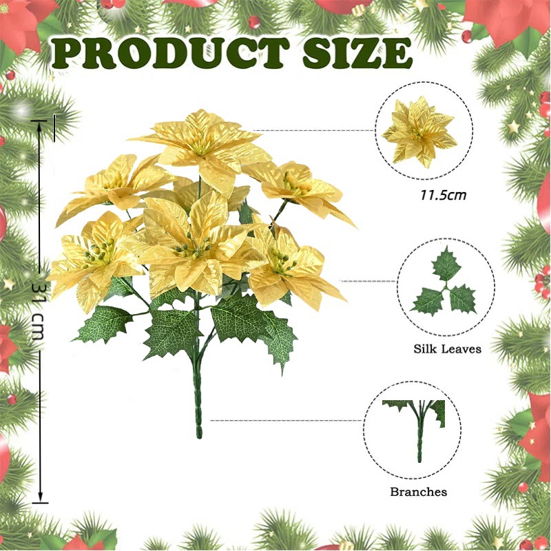 Simulación de flores de Navidad de 7 dientes, decoración de Navidad de flores falsas, actividades de vacaciones, artículos de boda en venta caliente