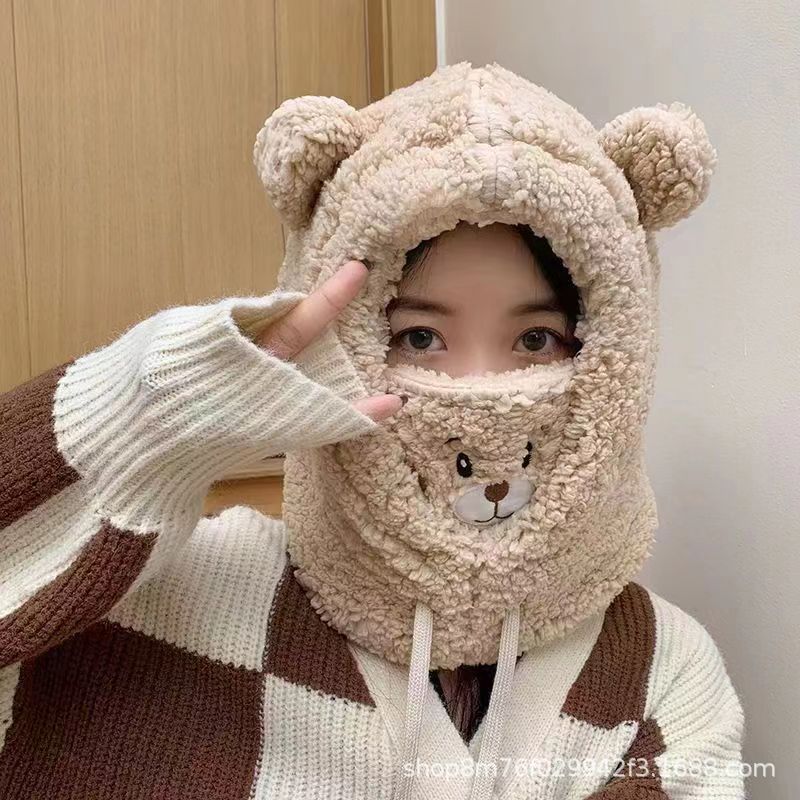 帽子 レディース 韓国風 秋冬 ラムズウール 暖かい ネックマスク プルオーバー帽子 ぬいぐるみ かわいい クマ スカーフ オールインワン帽子|undefined