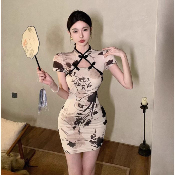 Fashion Simple Qipao Young Girls, High-end Retro Print, Waist-cinching Slimming Improved Chinese-style Dress For Women_ecoleips.com