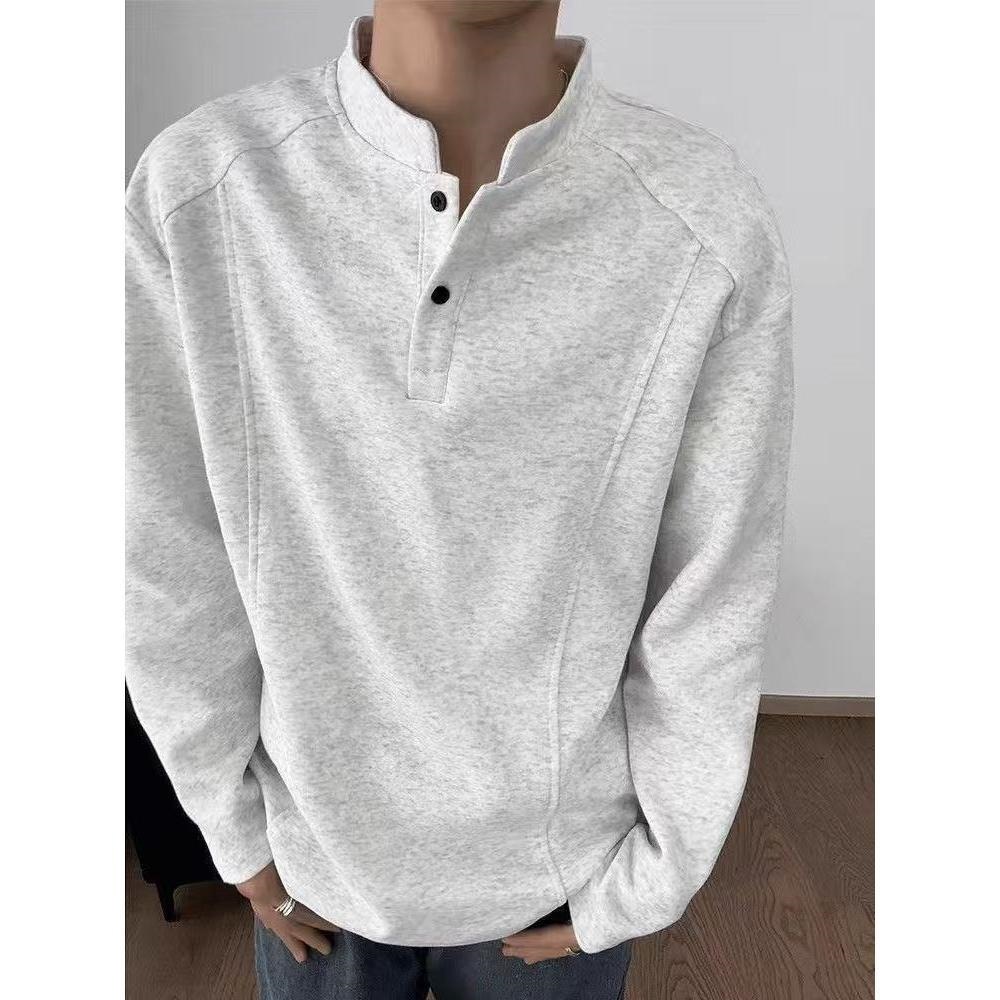 Henley collar long-sleeve t-shirt for men, suitable for spring and autumn, with thickened patchwork design, regular shoulder base shirt, polo shirt, sweatshirt