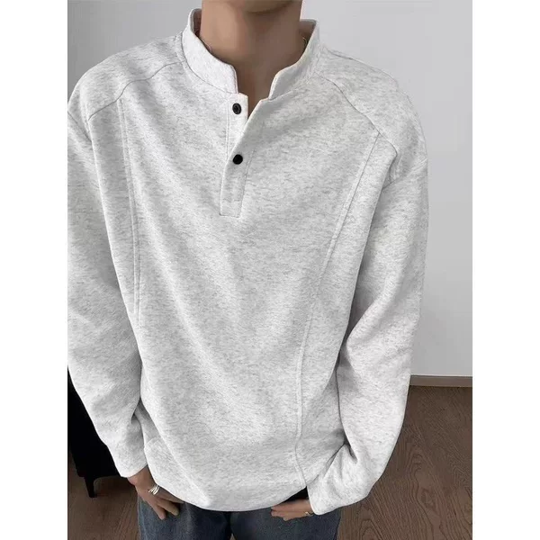 Henley collar long-sleeve t-shirt for men, suitable for spring and autumn, with thickened patchwork design, regular shoulder base shirt, polo shirt, sweatshirt