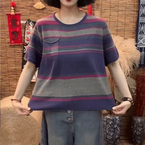 Spring and Summer Retro Striped Crew Neck Knit Top for Women Loose and Slimming Versatile Short-Sleeve T-Shirt Base Top
