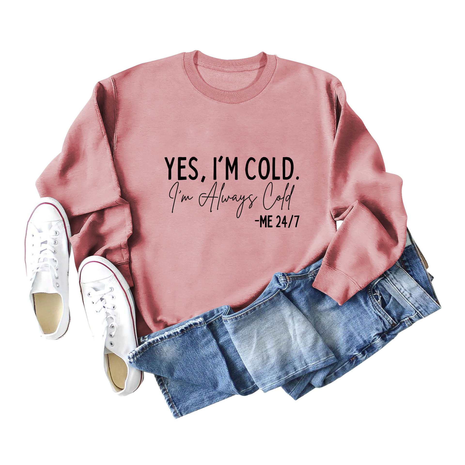 Amazon Transbordador YES I'M COLD I'm Always Cold Suéter con estampado minimalista Cuello redondo Top Mujer