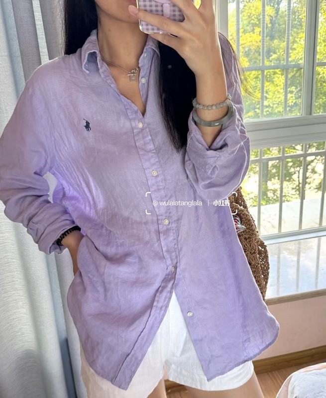 高版本RL拉夫亚麻衬衫经典休闲百搭风小马刺绣长袖衬衣男女同款|undefined
