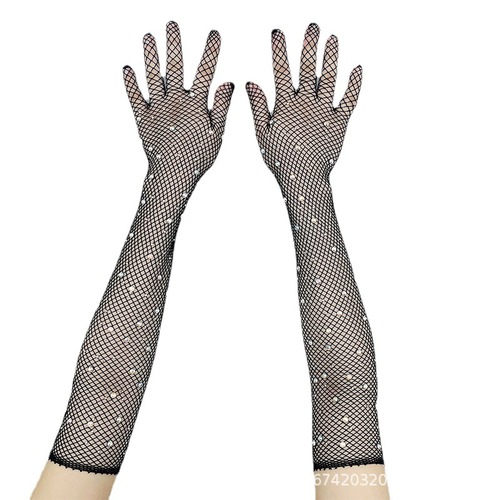 Women girls jazz latin dance gloves hollow mesh gemstones disco dancing bright drill mesh gloves tights Halloween costume gloves long mitten