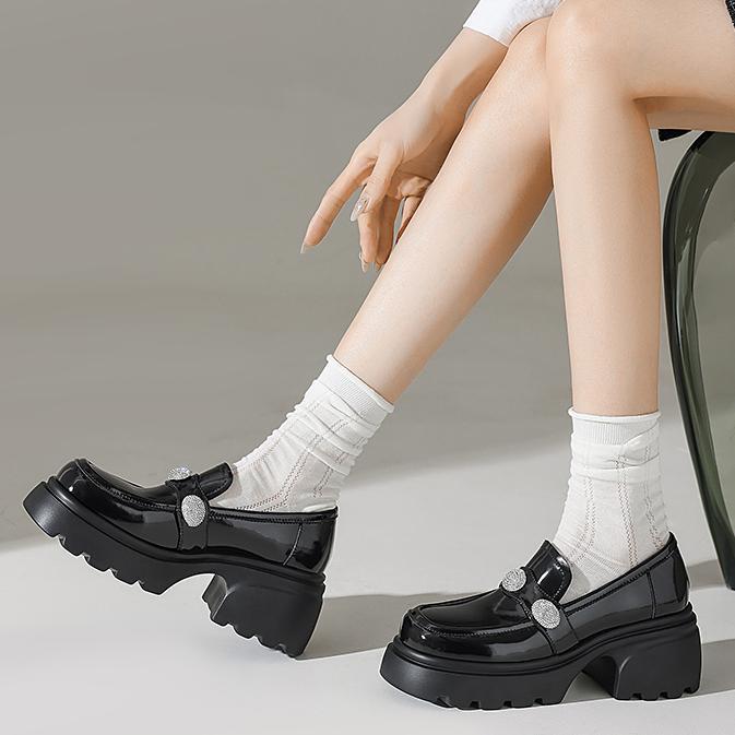 Giày lười nữ mũi tròn đính đá gót dày 6 cm phong cách công sở — đen, Màu trắng nhạt