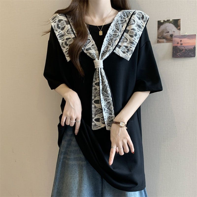 Plus-Size Stylish Lace Patchwork Short-Sleeve T-Shirt for Women, Summer New Style, Loose Fit, Slimming, Mid-Length Top for Curvy Women Plus-Size Stylish Lace Patchwork Short-Sleeve T-Shirt for Women, Summer New Style, Loose Fit, Slimming, Mid-Length Top for Curvy Women
