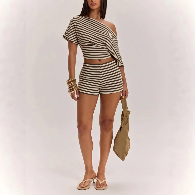 Amazon 2026 New Summer Cross-Border European and American Striped Casual Slim-Fit Off-Shoulder Short-Sleeve T-Shirt High-Waisted Shorts Set