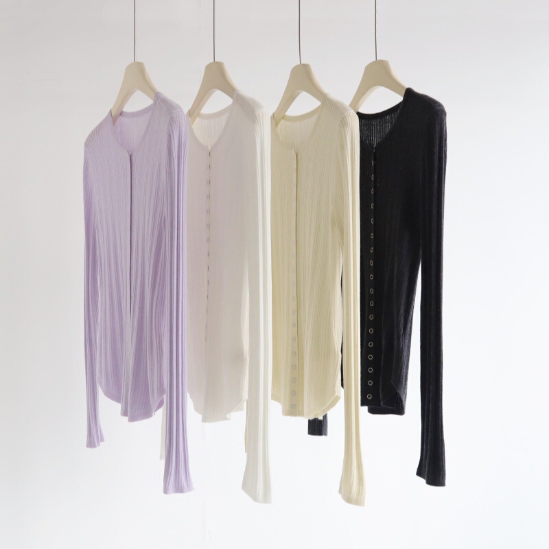 Acetate Wool Hidden Button Ribbed Slimming Curved Hem Knit Sweater for Women Autumn and Winter Basalan Wool Cardigan Top