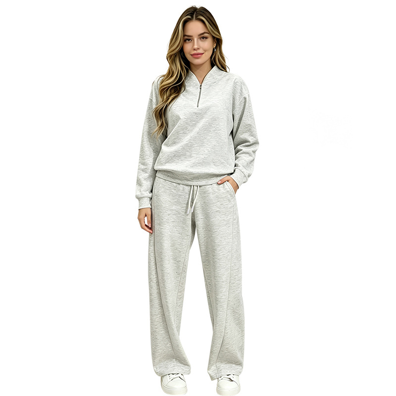 Women's Clothing Women's Fashionable Long Sleeved Sweatshirt Casual Trousers Set Style Autumn Half Open Collar Solid Color Loose Fit_ecoleips.com