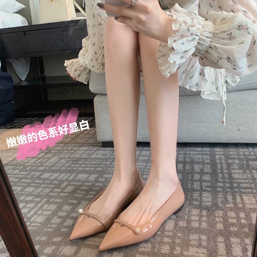 재고 즉시 배송! 포도색 엄마님 같은 스타일의 신발, 진주 장식, 뾰족코, 배색, 얕은 굽, 플랫, 메리제인, 여성용 통근화