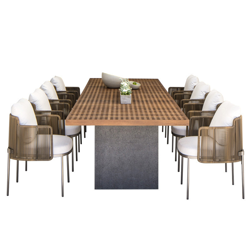 Al Aire Libre ratán mesa y silla combinación de gama alta patio muebles jardín sofá ratán silla balcón teca mesa larga comedor silla USO COMERCIAL