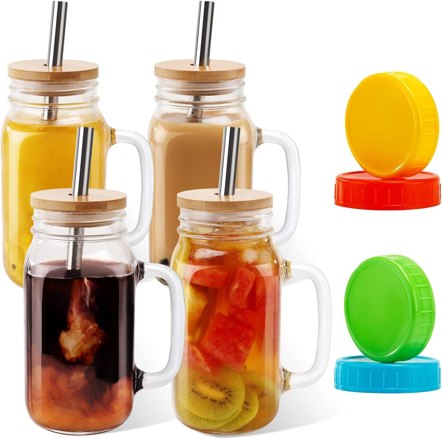跨境饮料花茶杯奶茶果汁透明玻璃24oz梅森杯把子杯吸管冷饮料杯子