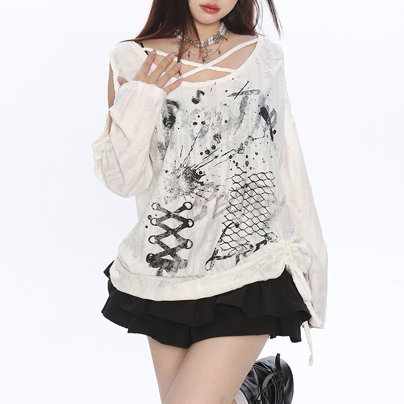 Ripped Glitter Graffiti Off-Shoulder Sun Protection Blouse Top Trendy American Loose Drawstring Lazy Sexy Long-Sleeved T-Shirt for Women