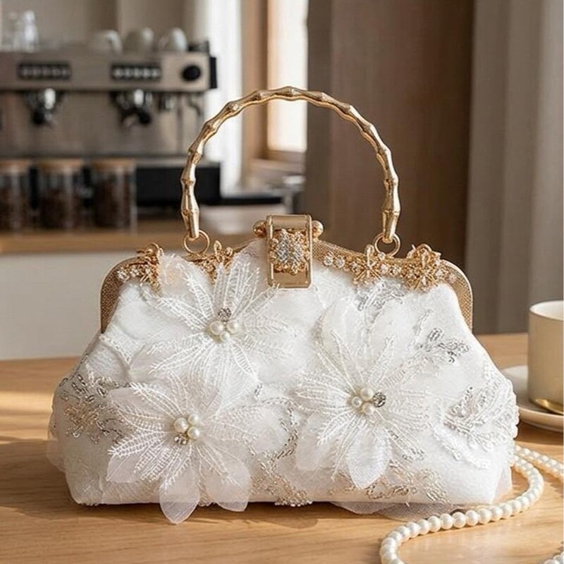 Pearl Embroidered Bamboo Clutch Bag, Cheongsam Banquet Clutch, Heavy-Duty Rivet Lace Embroidered Bead Bag, Chinese-Style Embroidered Bag Pearl Embroidered Bamboo Clutch Bag, Cheongsam Banquet Clutch, Heavy-Duty Rivet Lace Embroidered Bead Bag, Chinese-Style Embroidered Bag