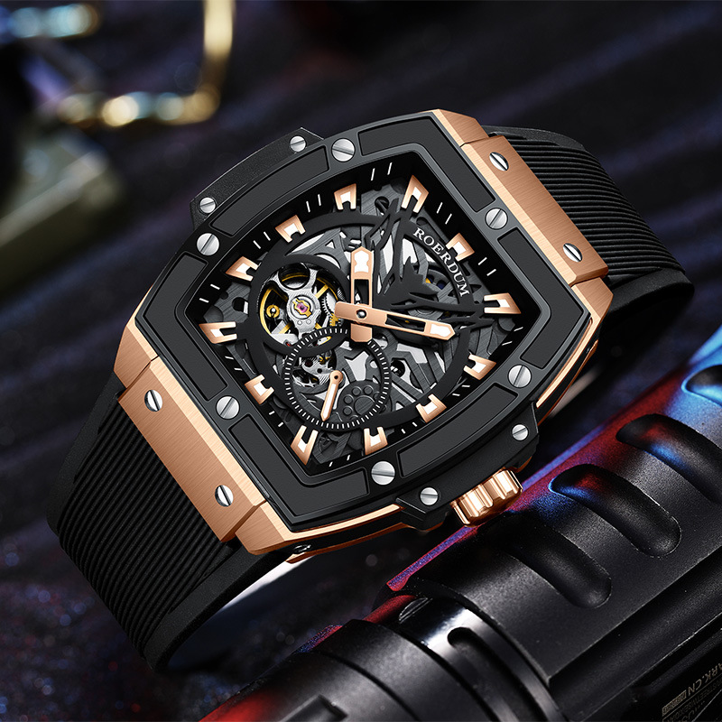 Raulton Roerdum Big Cow Black Wine Barrel Cut Out Fully Automatic Mechanical Watch Fashion Luminous Men's Watch
