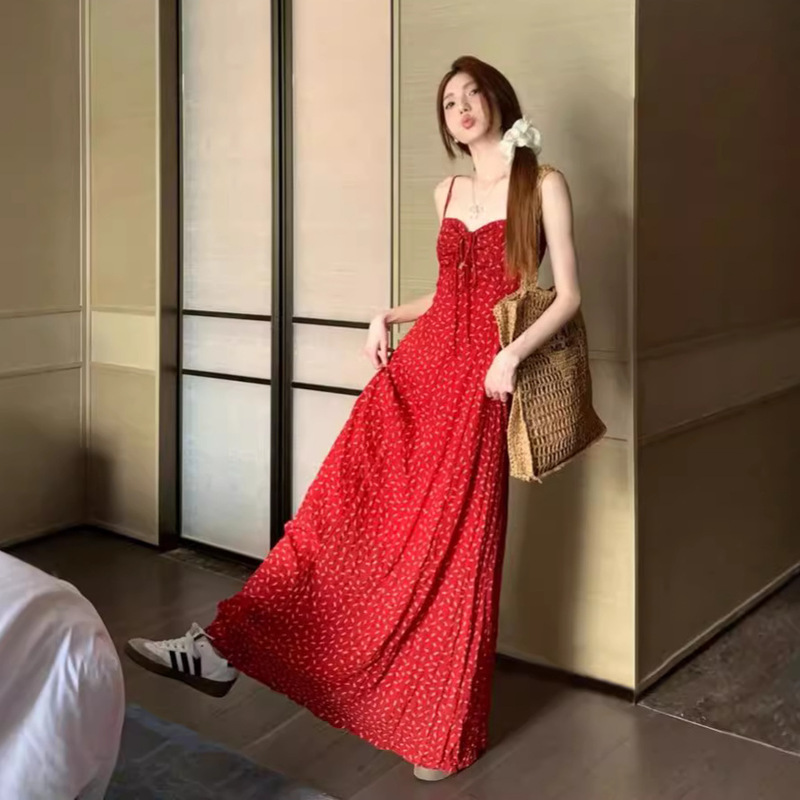Retro Floral Skirt Red Dress Women's Summer Hottie A-Line Skirt Suspender Skirt Holiday Style Seaside Long Skirt