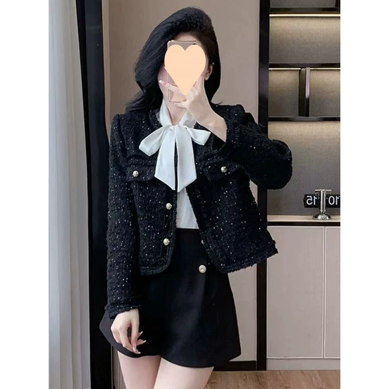Твидовый жакет в новом корейском стиле, высококачественный твид, дизайн 2025 года, универсальный, приталенный, женственный, элегантный топ с пайетками