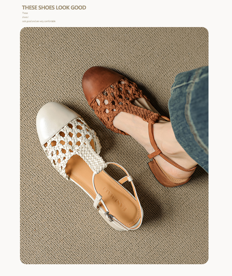Sandal nữ quai ngang gót thô 5 cm, dây đan kiểu La Mã — màu nâu chi tiết 5