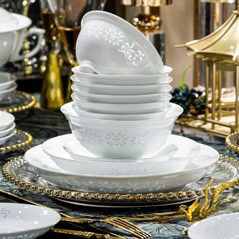 Jingdezhen белый фарфор Линглонг посуда глазурованный набор тарелок совмещенная элитная посуда для дома подарок здоровье для переезда