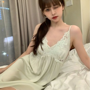 Sexy suspender nightdress for women Summer Ice Silk French style pajamas with chest pad high-grade Japanese girl's home wear pure desire