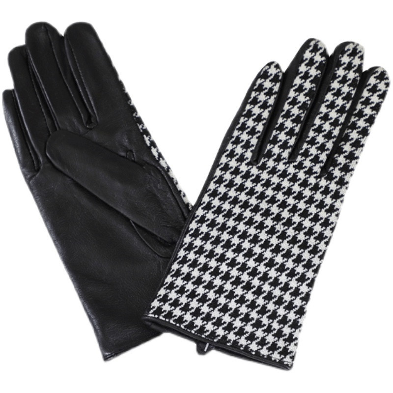 女皮手套千鸟格优雅复古PU手套2023秋冬新款羊毛手套wool gloves